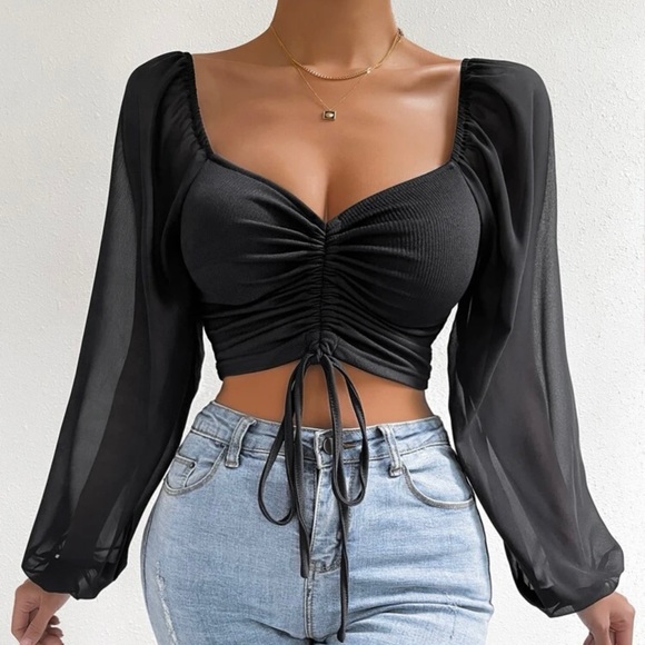 SHEIN Tops - Shein black coloured sweetheart neck drawstring lantern sleeve crop top